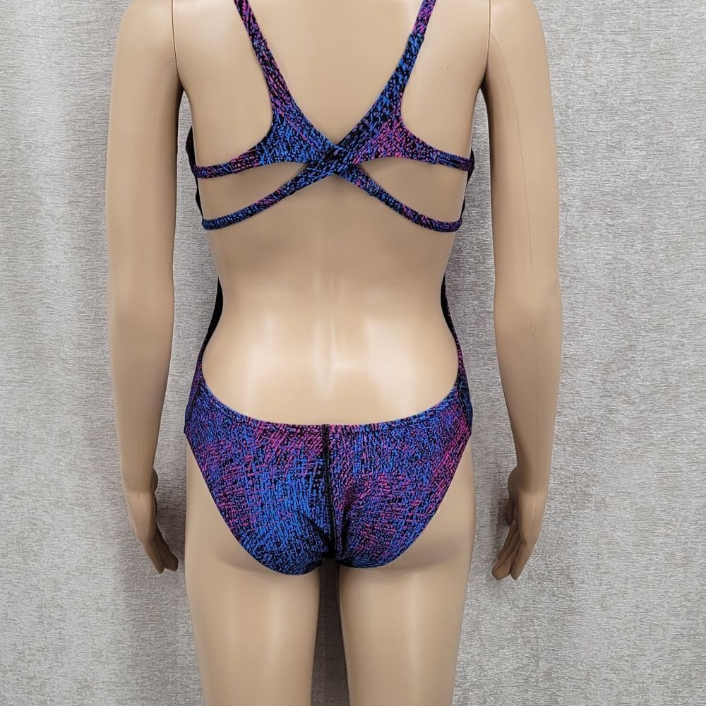 Speedo Endurance Blue Purple Hot Pink Patterned One Piece Swimsuit Open Back - Picture 6 of 16